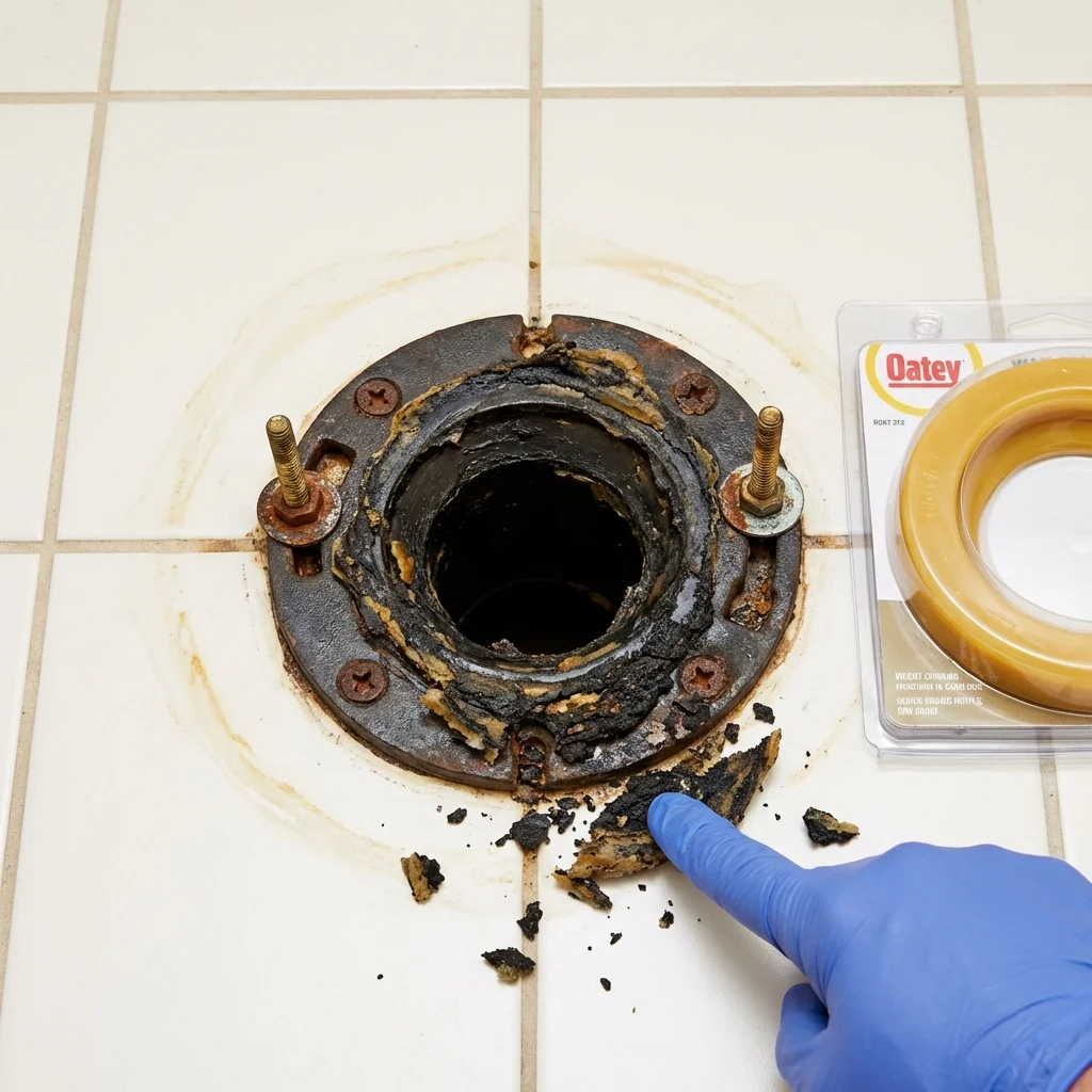 Failed wax ring showing water seepage at the base of a toilet in a Wayne, NE home