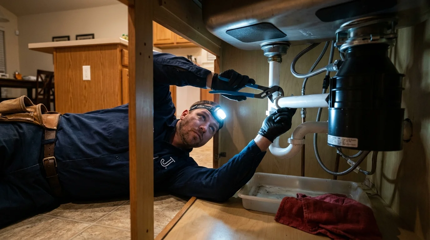 P-trap and supply line connections under a kitchen sink showing a common leak point in Wayne, NE